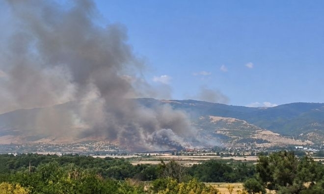 Голям пожар затвори Подбалканския път край Сливен, спряха и влаковете /снимки/