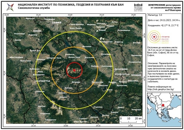 Земетресение е регистрирано днес в района на град Долна Баня