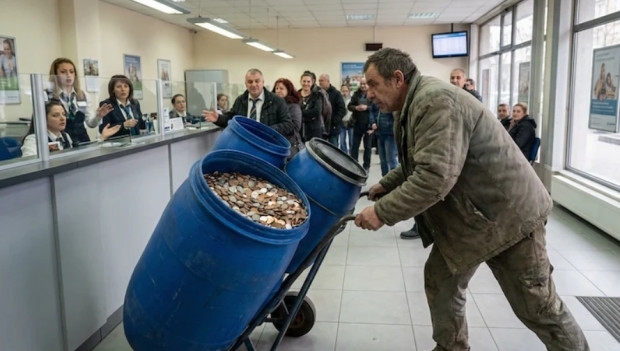 Клиент с 3 бидона пълни догоре със стотинки и метални