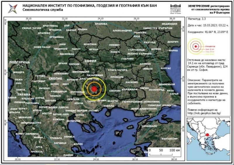 Тази нощ в 3 22 часа е регистрирано земетресение с магнитуд 3 3 в югозападната част