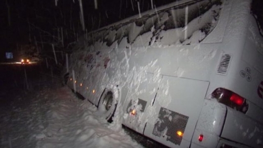 Обилният снеговалеж предизвика задръствания и катастрофи. Пътнически автобус, движещ се