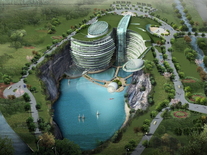 Луксозният хотел InterContinental Shanghai Wоnderland който е почти изцяло подземен