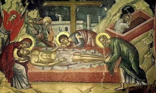 На Велика събота Църквата възпоменава телесното погребение на Иисус Христос и слизането му в