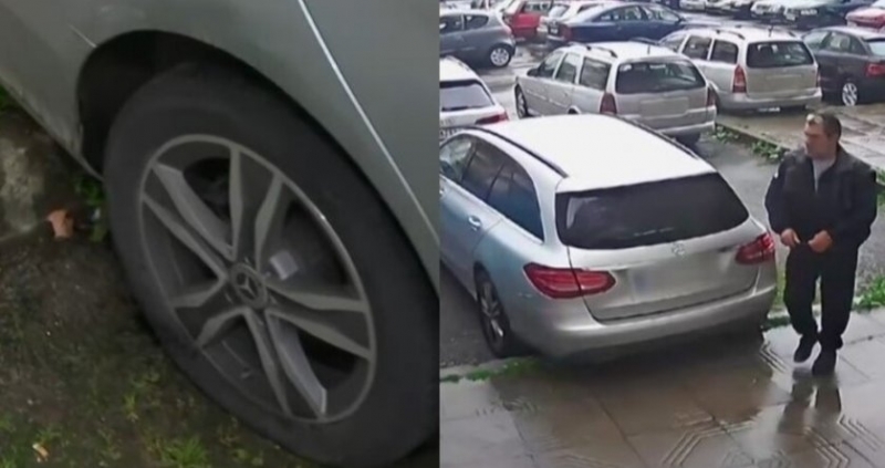 Мъж беше заснет да пука наред гумите на автомобили на