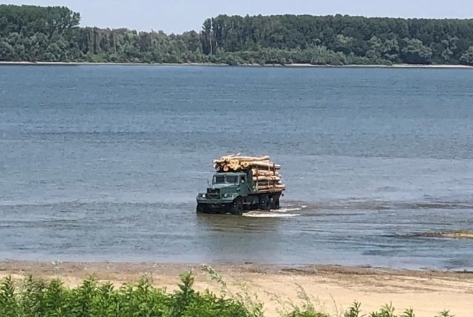 Тежкотоварни камиони натоварени с дървени трупи плуват през водите на
